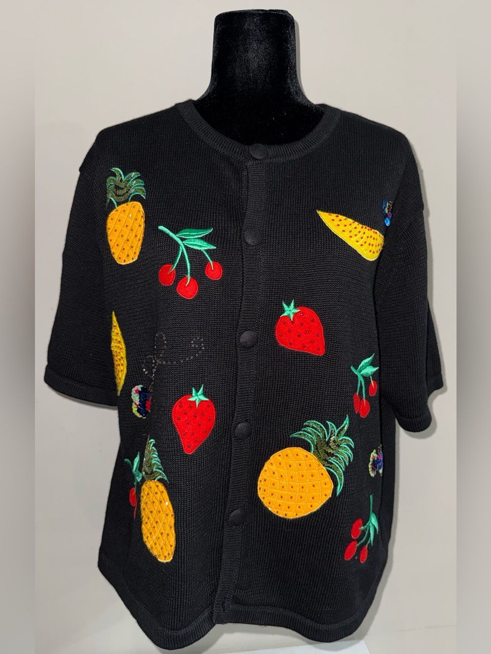 Vintage Embroidered Fruit Short Sleeve Cardigan Grandmacore Sweater XL
